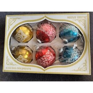 Vintage Christmas Shiny Brite Stencil Glitter Glass Ornaments Box Of 6 - Sealed!